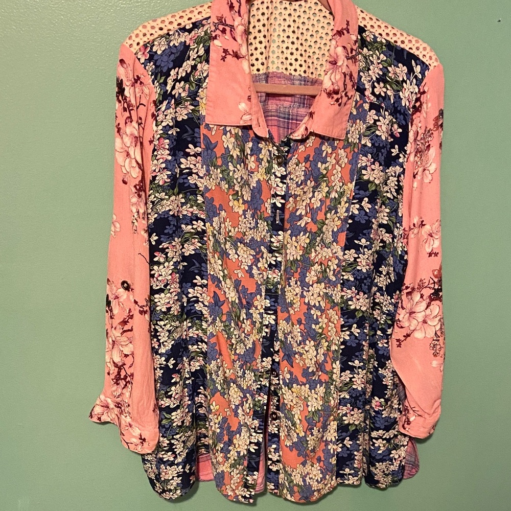 Floral Button Down Shirt - Pink and Blue